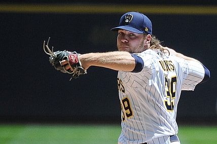 Jun 6, 2021; Milwaukee, Wisconsin, USA;  Milwaukee Brewers starting pitcher Corbin Burnes (39) delivers a pitch agains the Arizona Diamondbacks in the first inning at American Family Field. Mandatory Credit: Michael McLoone-USA TODAY Sports