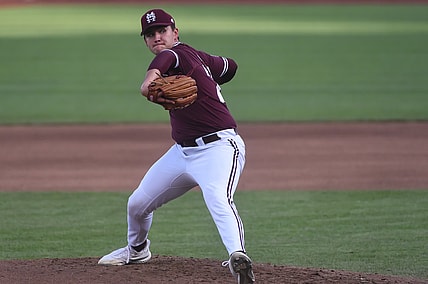 Jun 30, 2021; Omaha, Nebraska, USA;  Mississippi St. Bulldogs pitcher Will Bednar (24) pitches in the fourth inning against the Vanderbilt Commodores at TD Ameritrade Park. Mandatory Credit: Steven Branscombe-USA TODAY Sports