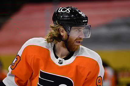 Apr 17, 2021; Philadelphia, Pennsylvania, USA; Philadelphia Flyers right wing Jakub Voracek (93) looks on in the second period against the Washington Capitals at Wells Fargo Center. Mandatory Credit: Kyle Ross-USA TODAY Sports