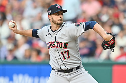 Jul 3, 2021; Cleveland, Ohio, USA; Houston Astros starting pitcher Jake Odorizzi (17) throws a pitch against the Cleveland Indians during the first inning at Progressive Field. Mandatory Credit: Ken Blaze-USA TODAY Sports