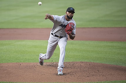 Jul 27, 2021; Baltimore, Maryland, USA; Miami Marlins starting pitcher Sandy Alcantara (22) delivers a first inning pitch against the Baltimore Orioles  at Oriole Park at Camden Yards. Mandatory Credit: Tommy Gilligan-USA TODAY Sports