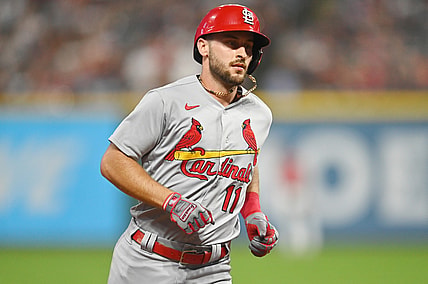 Jul 27, 2021; Cleveland, Ohio, USA; St. Louis Cardinals shortstop Paul DeJong (11) rounds the bases after hitting a home run during the seventh inning against the Cleveland Indians at Progressive Field. Mandatory Credit: Ken Blaze-USA TODAY Sports
