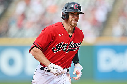 Aug 8, 2021; Cleveland, Ohio, USA; Cleveland Indians right fielder Bradley Zimmer (4) rounds the bases after hitting a home run during the seventh inning against the Detroit Tigers at Progressive Field. Mandatory Credit: Ken Blaze-USA TODAY Sports