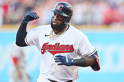 Aug 20, 2021; Cleveland, Ohio, USA; Cleveland Indians designated hitter Franmil Reyes (32) rounds the bases after hitting a home run during the first inning against the Los Angeles Angels at Progressive Field. Mandatory Credit: Ken Blaze-USA TODAY Sports