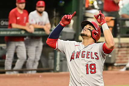 Aug 24, 2021; Baltimore, Maryland, USA; Los Angeles Angels center fielder Juan Lagares (19) reacts after hitting a two run home run against the Baltimore Orioles in the second inning  at Oriole Park at Camden Yards. Mandatory Credit: Tommy Gilligan-USA TODAY Sports