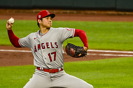 Aug 25, 2021; Baltimore, Maryland, USA;  Los Angeles Angels pitcher Shohei Ohtani (17) delivers a pitch during the first inning against the Baltimore Orioles at Oriole Park at Camden Yards. Mandatory Credit: Tommy Gilligan-USA TODAY Sports