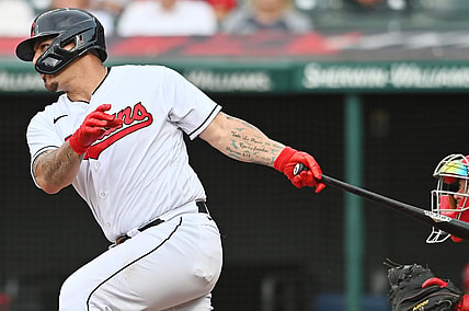 Aug 29, 2021; Cleveland, Ohio, USA; Cleveland Indians catcher Wilson Ramos (40) hits an RBI single during the sixth inning against the Boston Red Sox at Progressive Field. Mandatory Credit: Ken Blaze-USA TODAY Sports