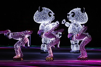 Feb 25, 2018; PyeongChang, South Korea; Performers for Beijing 2022 during the closing ceremony for the Pyeongchang 2018 Olympic Winter Games at Pyeongchang Olympic Stadium. Mandatory Credit: Rob Schumacher-USA TODAY Sports