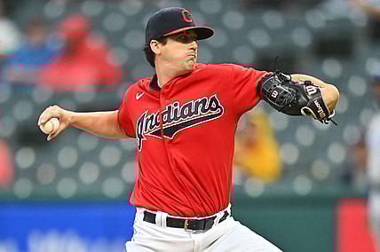 Sep 21, 2021; Cleveland, Ohio, USA; Cleveland Indians starting pitcher Cal Quantrill (47) throws a pitch during the first inning against the Kansas City Royals at Progressive Field. Mandatory Credit: Ken Blaze-USA TODAY Sports