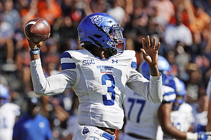 Sep 25, 2021; Auburn, Alabama, USA;  Georgia State Panthers quarterback Darren Grainger (3) rolls out to pass during the first quarter against the Auburn Tigers at Jordan-Hare Stadium. Mandatory Credit: John Reed-USA TODAY Sports