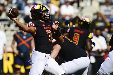 Sep 25, 2021; College Park, Maryland, USA;  Maryland Terrapins quarterback Taulia Tagovailoa (3) throws from the pocket during the first half against the Kent State Golden Flashes at Capital One Field at Maryland Stadium. Mandatory Credit: Tommy Gilligan-USA TODAY Sports
