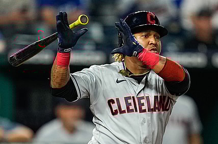 Sep 29, 2021; Kansas City, Missouri, USA; Cleveland Indians third baseman Jose Ramirez (11) bats against the Kansas City Royals during the fifth inning at Kauffman Stadium. Mandatory Credit: Jay Biggerstaff-USA TODAY Sports
