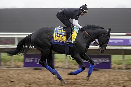 Nov 3, 2021; Del Mar, CA, USA;  Medina Spirit runs during morning workouts at Del Mar Race Track. Mandatory Credit: Ray Acevedo-USA TODAY Sports