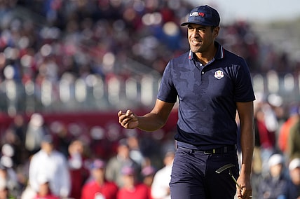 Sep 25, 2021; Haven, Wisconsin, USA; Team USA player Tony Finau reacts to his putt on the 15th green during day two four-ball rounds for the 43rd Ryder Cup golf competition at Whistling Straits. Mandatory Credit: Michael Madrid-USA TODAY Sports
