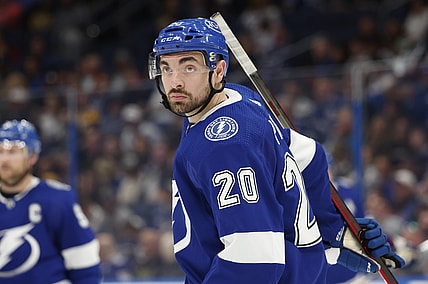 Apr 8, 2022; Tampa, Florida, USA;  Tampa Bay Lightning left wing Nicholas Paul (20) listens to a referee during the second period against the Boston Bruins at Amalie Arena. Mandatory Credit: Reinhold Matay-USA TODAY Sports