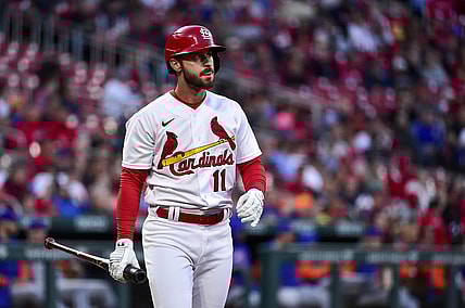 Apr 26, 2022; St. Louis, Missouri, USA;  St. Louis Cardinals shortstop Paul DeJong (11) walks back to the dugout after striking out against the New York Mets during the second inning at Busch Stadium. Mandatory Credit: Jeff Curry-USA TODAY Sports