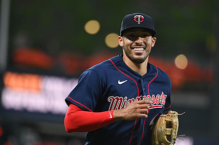 May 3, 2022; Baltimore, Maryland, USA;  Minnesota Twins shortstop Carlos Correa (4) runs off the field after the second inning against the Baltimore Orioles at Oriole Park at Camden Yards. Mandatory Credit: Tommy Gilligan-USA TODAY Sports