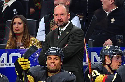 Feb 13, 2020; Las Vegas, Nevada, USA; Vegas Golden Knights head coach Peter DeBoer is pictured during the third period against the St. Louis Blues at T-Mobile Arena. Mandatory Credit: Stephen R. Sylvanie-USA TODAY Sports