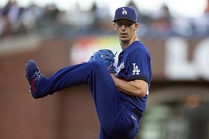 Jun 10, 2022; San Francisco, California, USA; Los Angeles Dodgers starting pitcher Walker Buehler (21) delivers a pitch against the San Francisco Giants during the second inning at Oracle Park. Mandatory Credit: D. Ross Cameron-USA TODAY Sports