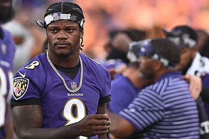 Aug 11, 2022; Baltimore, Maryland, USA;  Baltimore Ravens quarterback Lamar Jackson (8) walks on the sidelines during the first half Tennessee Titans at M&T Bank Stadium. Mandatory Credit: Tommy Gilligan-USA TODAY Sports