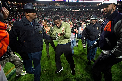 Auburn Tigers interim head coach Carnell "Cadillac" Williams celebrates after the game as Auburn Tigers take on Texas A&M Aggies at Jordan-Hare Stadium in Auburn, Ala., on Saturday, Nov. 12, 2022. Auburn Tigers defeated Texas A&M Aggies 13-10.
