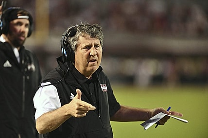 Sep 3, 2022; Starkville, Mississippi, USA; Mississippi State Bulldogs head coach Mike Leach reacts after a play against the Memphis Tigers during the fourth quarter at Davis Wade Stadium at Scott Field. Mandatory Credit: Matt Bush-USA TODAY Sports