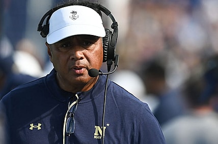 Sep 10, 2022; Annapolis, Maryland, USA;  Navy Midshipmen head coach Ken Niumatalolo walks through the bench during the first half against the Memphis Tigers at Navy-Marine Corps Memorial Stadium. Mandatory Credit: Tommy Gilligan-USA TODAY Sports