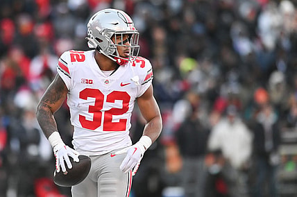 Nov 19, 2022; College Park, Maryland, USA; Ohio State Buckeyes running back TreVeyon Henderson (32) reacts after scoring a first quarter touchdown against the Maryland Terrapins  at SECU Stadium. Mandatory Credit: Tommy Gilligan-USA TODAY Sports