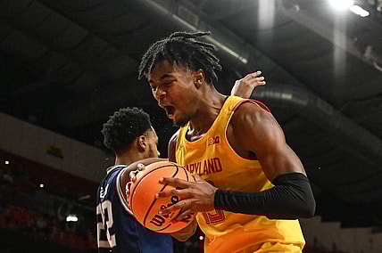 Dec 22, 2022; College Park, Maryland, USA;  Maryland Terrapins guard Hakim Hart (13) reacts after the whistle during the second half against the St. Peter's Peacocks at Xfinity Center. Mandatory Credit: Tommy Gilligan-USA TODAY Sports