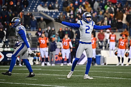 Feb 23, 2023; Seattle, WA, USA; St. Louis Battlehawks kicker Donny Hageman (2) celebrates after kicking the game-winning field goal against the Seattle Sea Dragons at Lumen Field. St. Louis defeated Seattle 20-18. Mandatory Credit: Steven Bisig-USA TODAY Sports