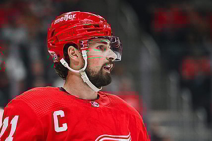 Feb 25, 2023; Detroit, Michigan, USA; Detroit Red Wings center Dylan Larkin (71) during the first period against the Tampa Bay Lightning at Little Caesars Arena. Mandatory Credit: Tim Fuller-USA TODAY Sports