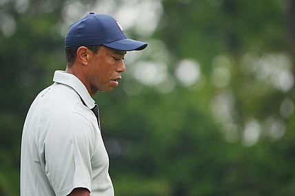 Apr 4, 2023; Augusta, Georgia, USA; Tiger Woods practices on the no. 1 green during a practice round for The Masters golf tournament at Augusta National Golf Club. Mandatory Credit: Danielle Parhizkaran-USA TODAY Network

Pga The Masters Practice Round
