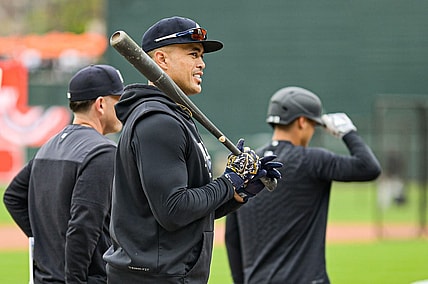 Apr 7, 2023; Baltimore, Maryland, USA;  New York Yankees designated hitter Giancarlo Stanton (27) stands on the field before the game against the Baltimore Orioles at Oriole Park at Camden Yards. Mandatory Credit: Tommy Gilligan-USA TODAY Sports