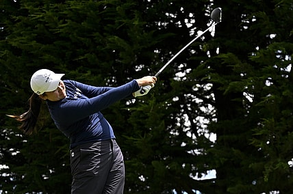Jul 9, 2023; Pebble Beach, California, USA; Allisen Corpuz tees off on the third hole during the final round of the U.S. Women's Open golf tournament at Pebble Beach Golf Links. Mandatory Credit: Kelvin Kuo-USA TODAY Sports