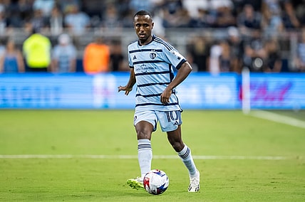 Aug 4, 2023; Kansas City, KS, USA; Sporting Kansas City midfielder Gadi Kinda (10) passes the ball during the second half against Toluca at Children's Mercy Park. Mandatory Credit: Jay Biggerstaff-USA TODAY Sports