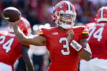 Sep 2, 2023; College Park, Maryland, USA;  Maryland Terrapins quarterback Taulia Tagovailoa (3) looks to throw as the action reflects off his visor during the first half against the Towson Tigers  at SECU Stadium. Mandatory Credit: Tommy Gilligan-USA TODAY Sports