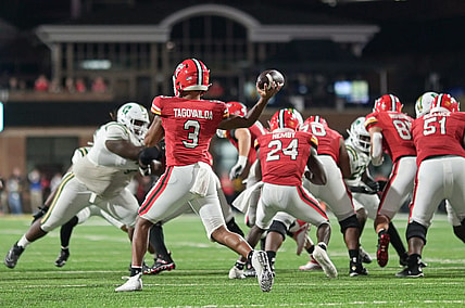 Sep 9, 2023; College Park, Maryland, USA;  Maryland Terrapins quarterback Taulia Tagovailoa (3) throws from the pocket during the first half against the Charlotte 49ers at SECU Stadium. Mandatory Credit: Tommy Gilligan-USA TODAY Sports