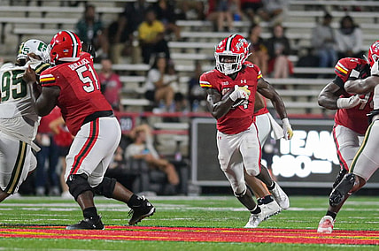 Sep 9, 2023; College Park, Maryland, USA; Maryland Terrapins running back Roman Hemby (24) rushes during the second half against the Charlotte 49ers at SECU Stadium. Mandatory Credit: Tommy Gilligan-USA TODAY Sports