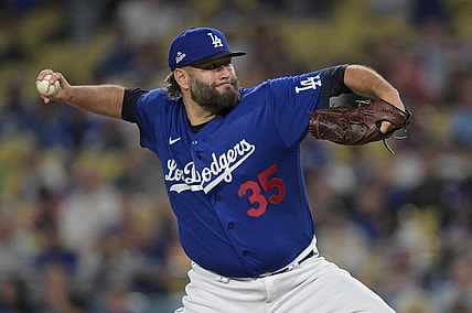 Sep 18, 2023; Los Angeles, California, USA;  Los Angeles Dodgers starting pitcher Lance Lynn (35) delivers in the first inning against the Detroit Tigers at Dodger Stadium. Mandatory Credit: Jayne Kamin-Oncea-USA TODAY Sports