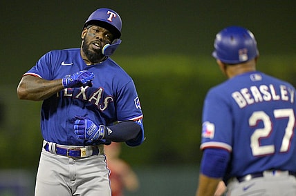Sep 27, 2023; Anaheim, California, USA;  Texas Rangers right fielder Adolis Garcia (53) taps his chest as he rounds the bases after a solo home run in the third inning against the Los Angeles Angels at Angel Stadium. Mandatory Credit: Jayne Kamin-Oncea-USA TODAY Sports