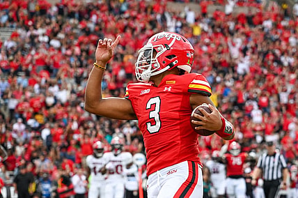 Sep 30, 2023; College Park, Maryland, USA; Maryland Terrapins quarterback Taulia Tagovailoa (3) reacts after running for a touchdown during the first half against the Indiana Hoosiers  at SECU Stadium. Mandatory Credit: Tommy Gilligan-USA TODAY Sports