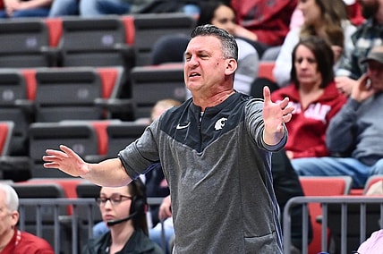 Feb 16, 2023; Pullman, Washington, USA; Washington State Cougars head coach Kyle Smith looks on against the Oregon State Beavers in the first half at Friel Court at Beasley Coliseum. Mandatory Credit: James Snook-USA TODAY Sports