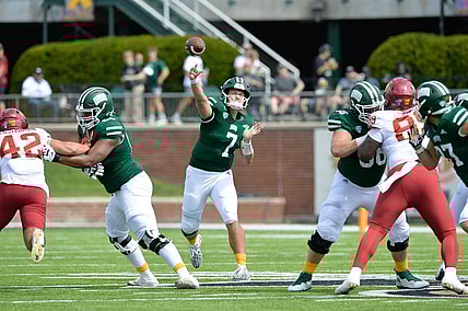 Sep 16, 2023; Athens, Ohio, USA;  Ohio University Bobcats quarterback Kurtis Rourke (7) during the second quarter against the Iowa State Cyclones at Peden Stadium. Mandatory Credit: Matt Lunsford-USA TODAY Sports