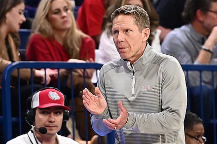 Feb 2, 2023; Spokane, Washington, USA; Gonzaga Bulldogs head coach Mark Few looks on against the Santa Clara Broncos in the second half at McCarthey Athletic Center. Gonzaga won 88-70. Mandatory Credit: James Snook-USA TODAY Sports