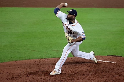 Oct 23, 2023; Houston, Texas, USA; Houston Astros pitcher Hector Neris (50) during the fourth inning of game seven in the ALCS against the Texas Rangers for the 2023 MLB playoffs at Minute Maid Park. Mandatory Credit: Erik Williams-USA TODAY Sports