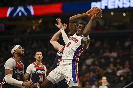 Jan 15, 2024; Washington, District of Columbia, USA;  Detroit Pistons center Jalen Duren (0) looks to pass during the second  half against the Washington Wizardsm at Capital One Arena. Mandatory Credit: Tommy Gilligan-USA TODAY Sports