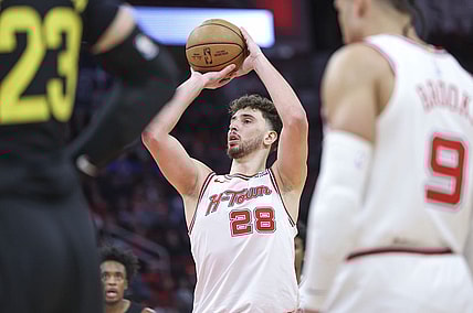 Jan 20, 2024; Houston, Texas, USA; Houston Rockets center Alperen Sengun (28) attempts a free throw during the fourth quarter against the Utah Jazz at Toyota Center. Mandatory Credit: Troy Taormina-USA TODAY Sports