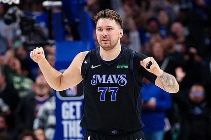 Jan 24, 2024; Dallas, Texas, USA;  Dallas Mavericks guard Luka Doncic (77) reacts during the first half against the Phoenix Suns at American Airlines Center. Mandatory Credit: Kevin Jairaj-USA TODAY Sports