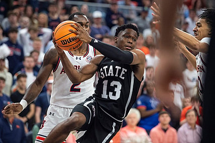 Mississippi State Bulldogs guard Josh Hubbard (13) drives the ball as Auburn Tigers take on Mississippi State Bulldogs at Neville Arena in Auburn, Ala., on Saturday, March 2, 2024. Auburn Tigers lead Mississippi State Bulldogs 39-22 at halftime.