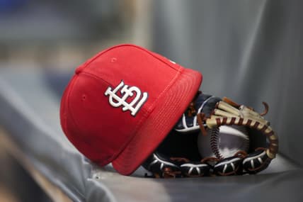 Cardinals hat during MLB game against the Braves
